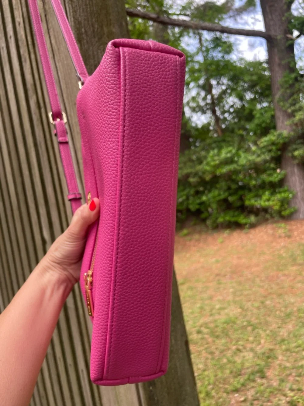 Anne Klein Hot Pink Pebbled Leather Crossbody with Gold-Tone Logo - Picture 8 of 12